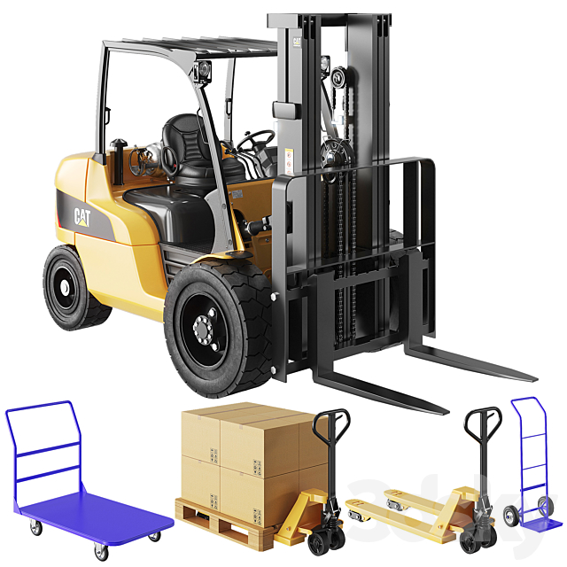 3d Models Transport Cat Forklift Manual Loader And Warehouse Carts Kit